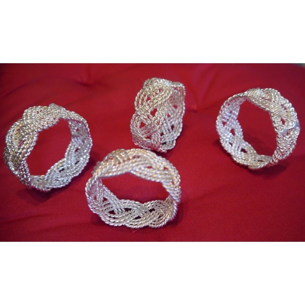 (4) Napkin Rings Nautical Braided Twisted Rope Style Vintage Wire Silver Tone